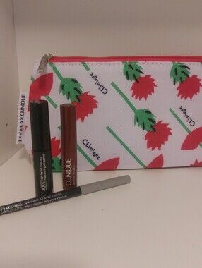 Clinique Lipstick, Mascara & Eyeliner with Floral Cosmetic Bag